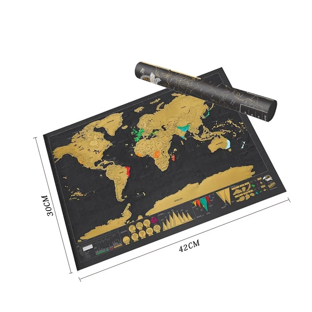 

Black Luxurious World Map Scratch Map Travel Map Poster Copper Personalized Journal Log Small Size With Cylinder Packing