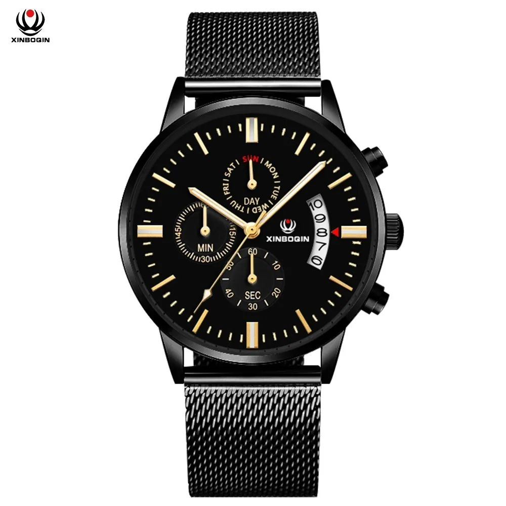 

XINBOQIN Brand Watch Mens 3-eye Calendar Quartz Watch For Men Luxury Casual Stainless Steel Mesh Strap Men's Watches Calendar