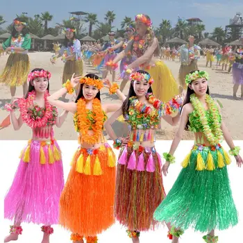 

8PCS Hawaiian Hula Skirt Bra For Girls Women Flower Dancing Dress Brassiere Summer Luau Party Festival Costume Accessories