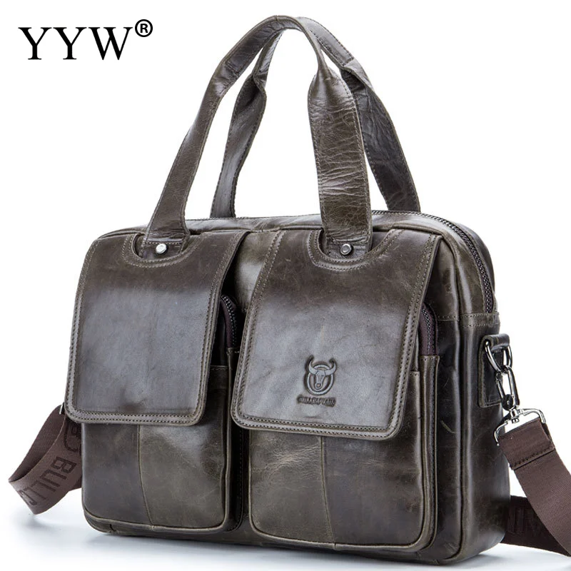 

Bullcaptain 2019 High Quality Men Cowhide Leather Handbag Zipper Men Business Two Front Pocket Soft Handle Briefcases Bags