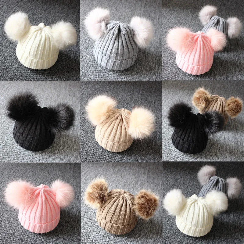 

Lovely Girls Boys Knitted Crochet Hats Fashion Newest 2019 solid Pompoms bobble Knitting warm winter 1-3Y Kids soft Beanie caps