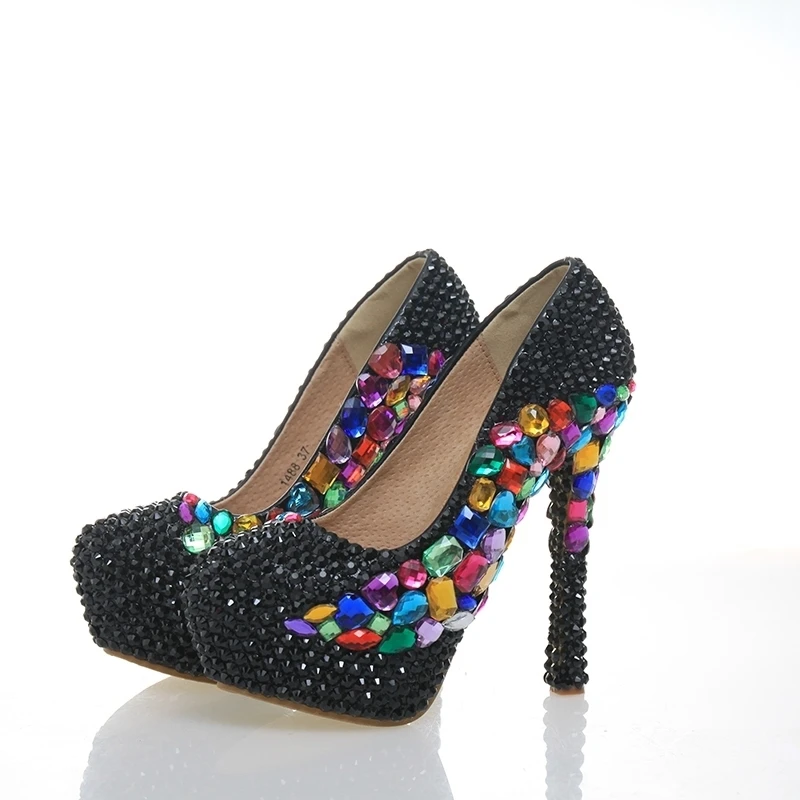 

Black Rhinestone Wedding Party Shoes Round Toe Stiletto Heel Cinderella Prom Crystal Nightclub Shoes Handmade Bridal Dress Pumps