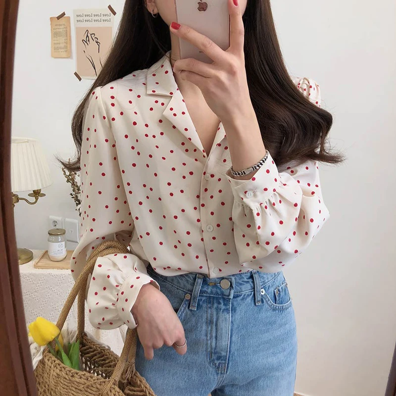  Plus Size Loose Preppy Style Shirts Blouse Women Cute Sweet Tops Polka Dot Top Korean Style Design 