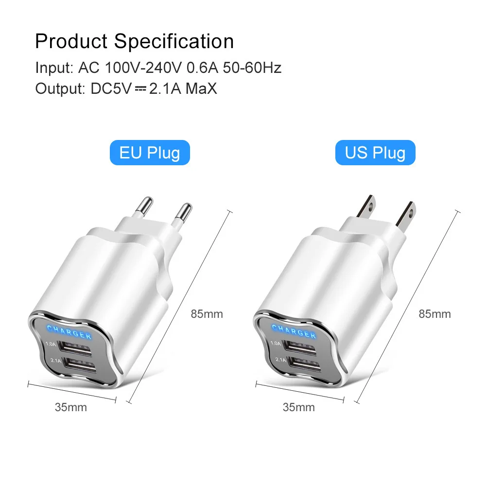 Двойной Порты и разъёмы USB Зарядное устройство 5V 2.1A настенный адаптер мобильного телефона Зарядное устройство для samsung s9 Xiaomi Tablet Портативный usb для зарядки телефона