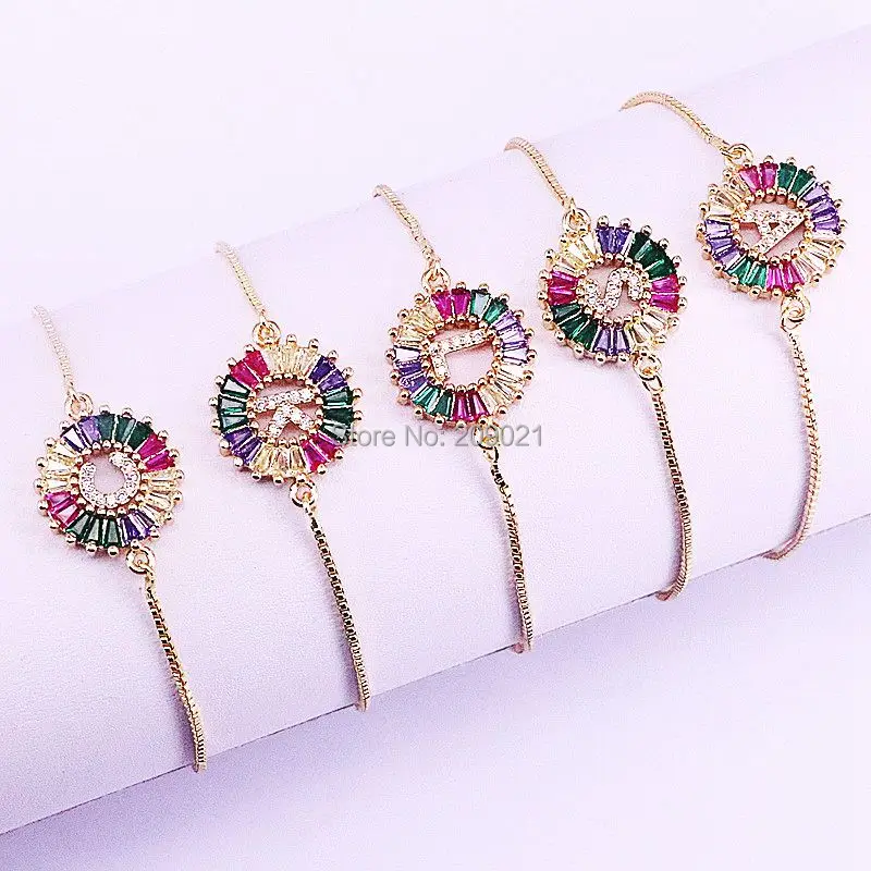 10 шт. золотой цвет, стразы настройки радужные кристаллы CZ A-Z инициалы буквенные браслеты для женщин Мода Регулируемая Цепочка-браслет подарок