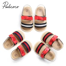 Новинка года; брендовые полосатые парусиновые сандалии для новорожденных мальчиков и девочек; обувь с мягкой подошвой для малышей; модные детские сандалии с бантом из искусственной кожи