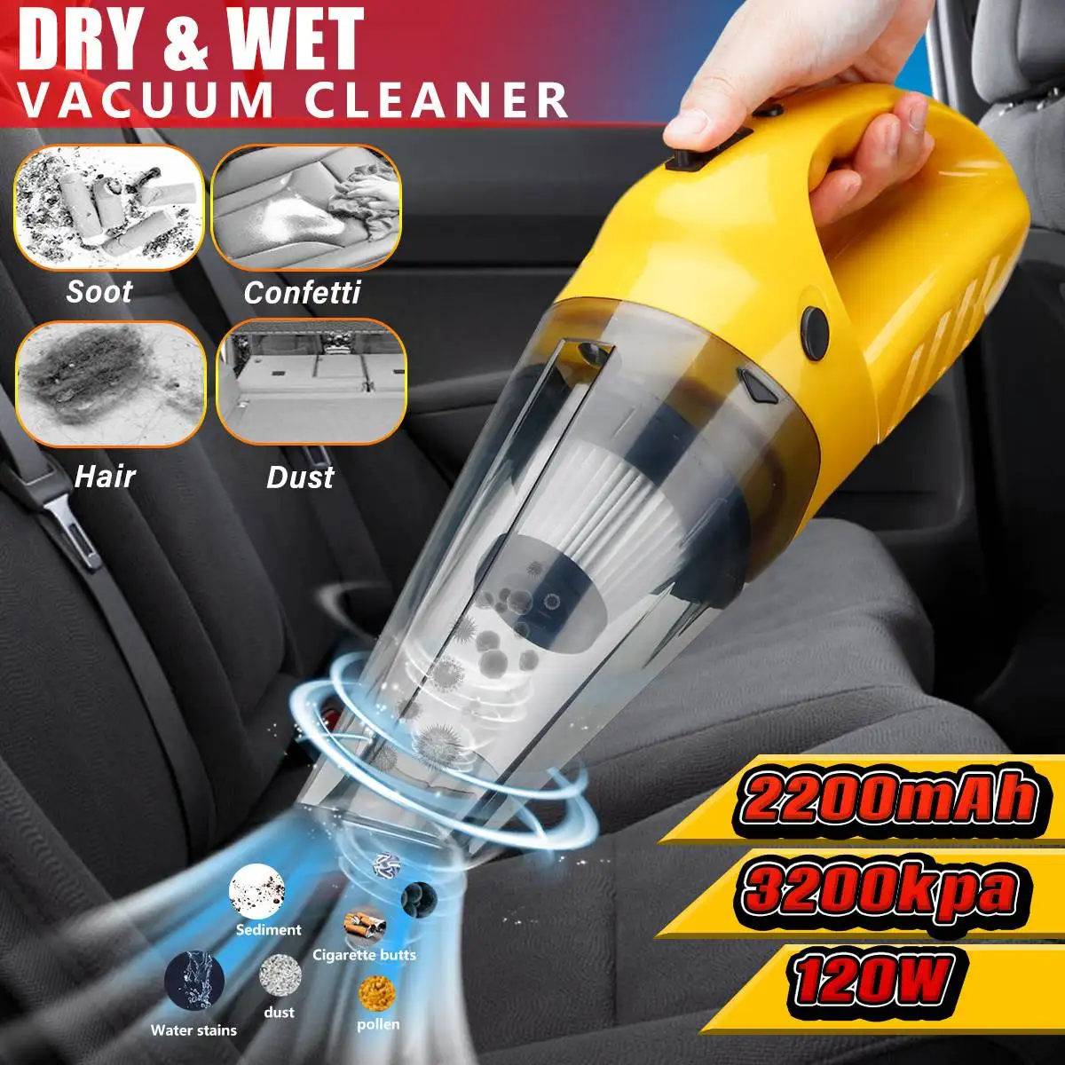 

2200Mah Car Vacuum Cleaner 120W 100V to 240V Wireless Dry and Wet Car Household Portable Handheld Vaccum Cleaner