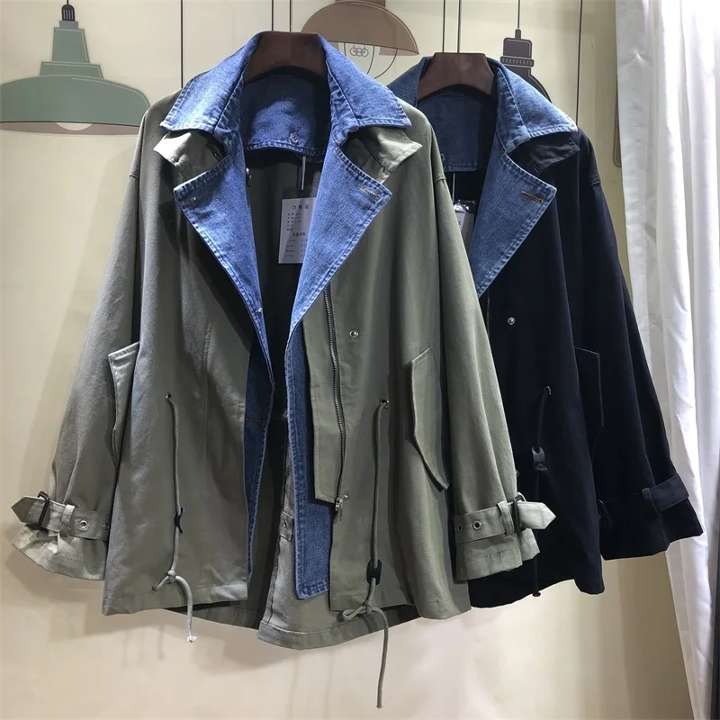 

DEAT 2019 new summer thin styles turn-down collar full sleeves denim spliced A-line jacket female korean coat WF88306L