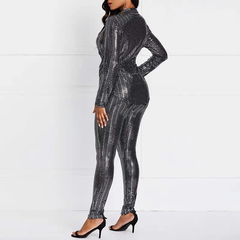 Fashion Women Blazer Set Silver Sequins Casual Coat Skinny Pants 2 Piece Street Office Elegant Lace Up Slim Spring Ladies Suits Fashion Women Blazer Set Silver Sequins Casual Coat Skinny Pants 2 Piece Street Office Elegant Lace Up Slim Spring Ladies Suits