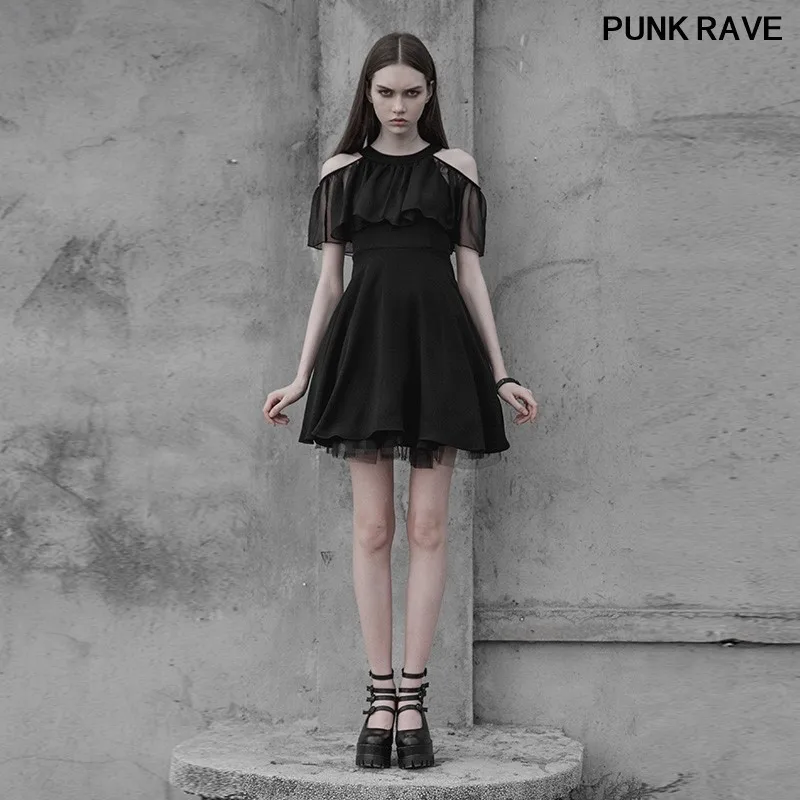 

Gothic Elegant Black Chiffon Silk Sexy Dress Summer Women Off-shoulder Lotus Leaf Sleeves Halter Neck Dress PUNK RAVE OPQ-307
