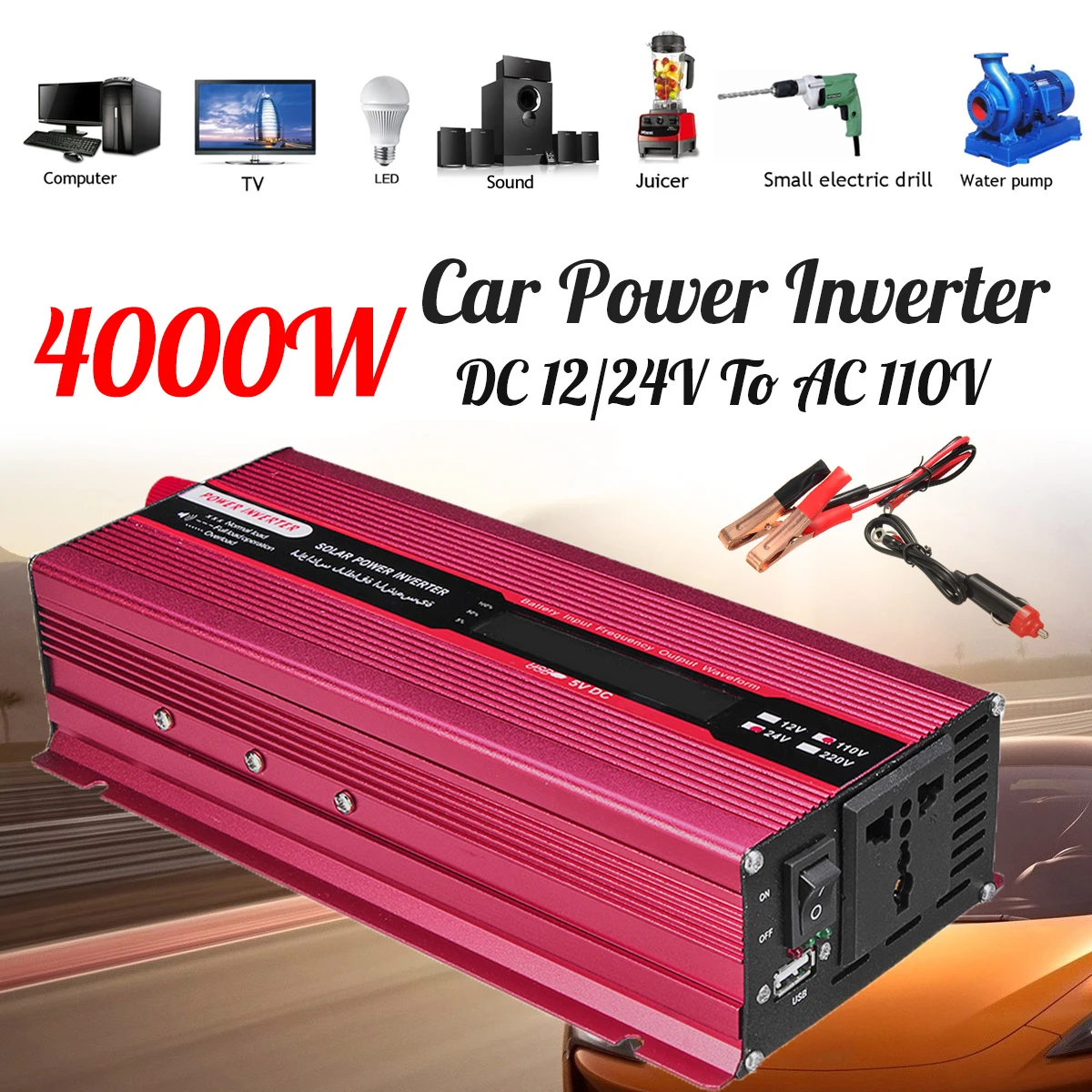 

Modified Sine Wave Converter Car Power Inverter PEAK 4000W 12/24V To AC 220/110V USB Transformer Voltage Display Efficiency