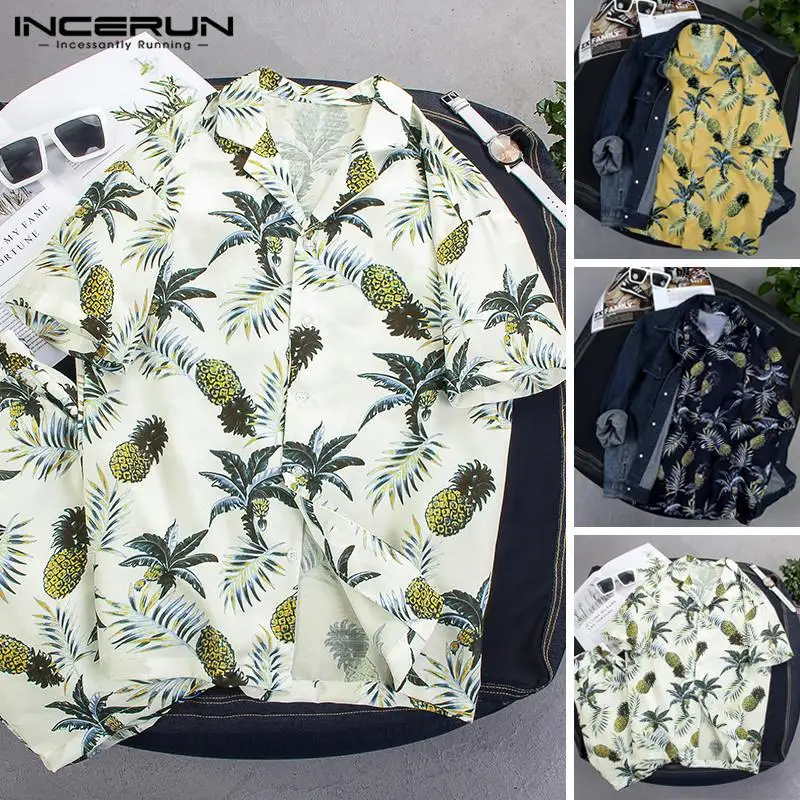 

INCERUN Men Beach Hawaiian Shirt Print Short Sleeve Cotton Button Streetwear Tops Summer camisa masculina Men Casual Shirts 2019