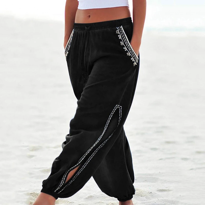 

Summer Women Boho Drawstring Elastic Waist Side Slit Beach Harem Pants Trousers