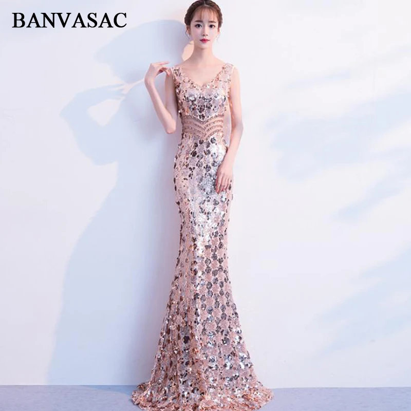 

BANVASAC 2019 V Neck Sequined Mermaid Long Evening Dresses Elegant Party Lace Hollow Out Crystal Backless Prom Gowns
