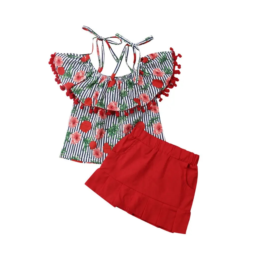 

1-6T Kids Baby Girl Clothe Set 2pcs Off Shoulder Flower Tassel Blouse Tops Skirt Outfit Summer Cute Clothes