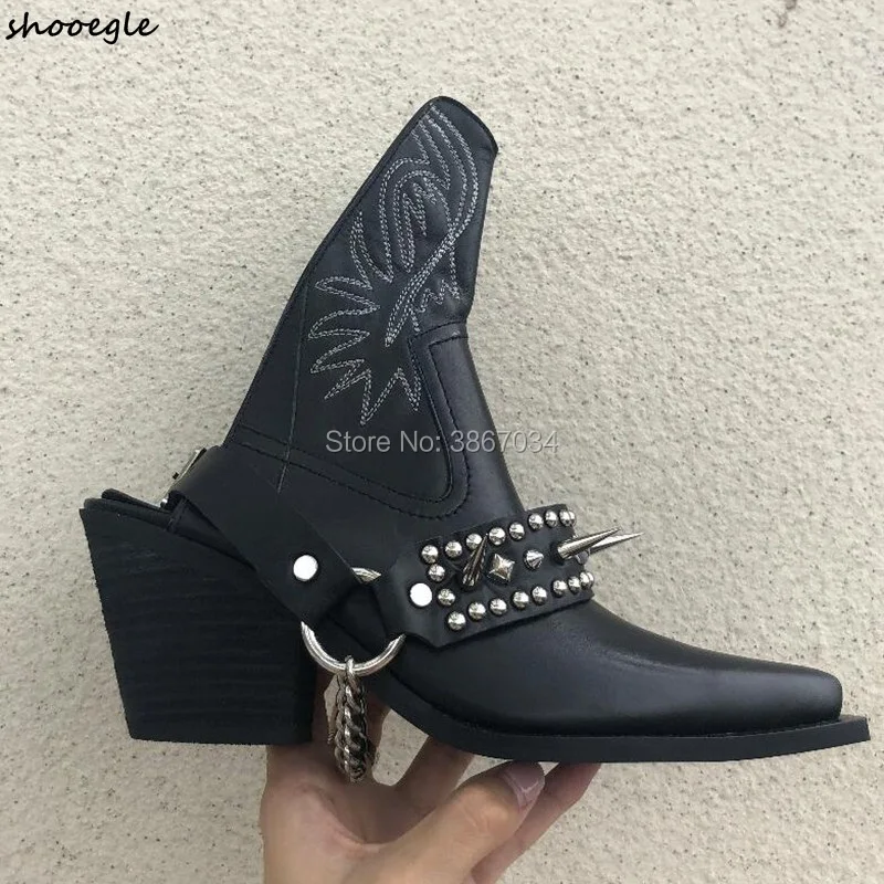 

SHOOEGLE New Women Punk Shoes Backless Cowboy Boots Silver-Tone Spike Stud Ankle Boots Slingback Strap Embroidered Booties Women