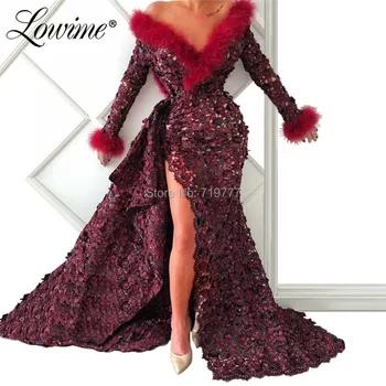 

Burgundy Feather Lace Mermaid Prom Dresses V Neck Sexy High Split Side Party Dress 2019 Islamic Dubai Evening Gowns Abendkleider