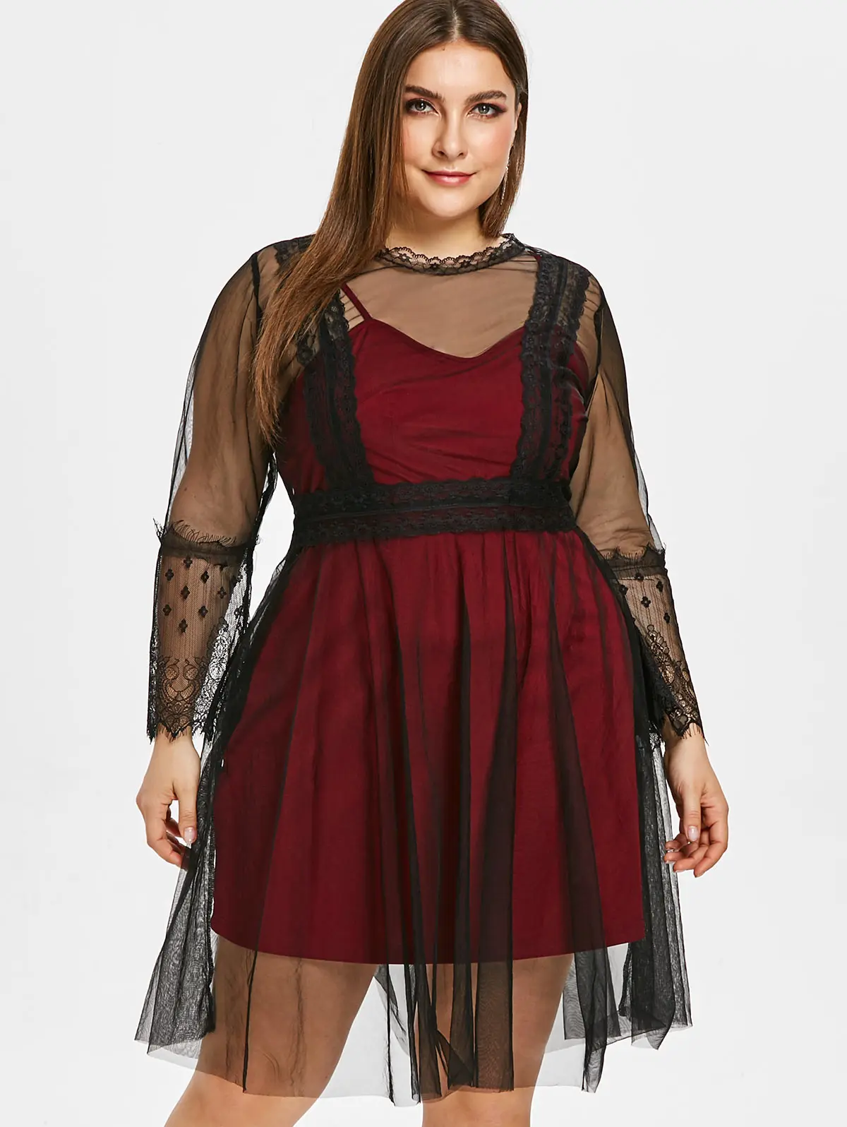 Wipalo Women Plus Size See Through Lace Panel A Line Dress Long Sleeves ...