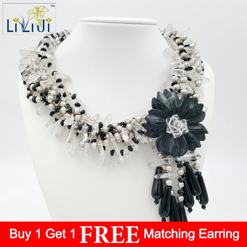 

Lii Ji Clear Quartz Onyx Freshwater Pearl Jade Flower with Jade Toggle Clasp Necklace Approx 53cm