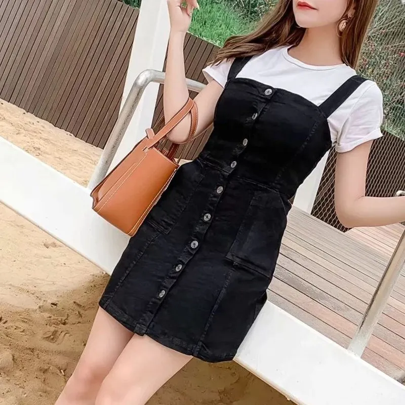 

Women Straps High Waist Denim Dress 2019 Summer Solid Single Breasted Mini Jeans Dress Preppy Style Casual Pockets A-Line Dress