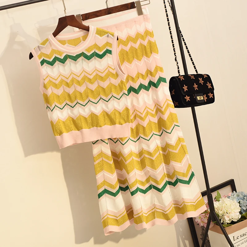 

2019 Summer Women Knitted Set Colorful Wave Striped Sleeveless Vest Crop Top + Long Skirt Two-piece Set High Quality