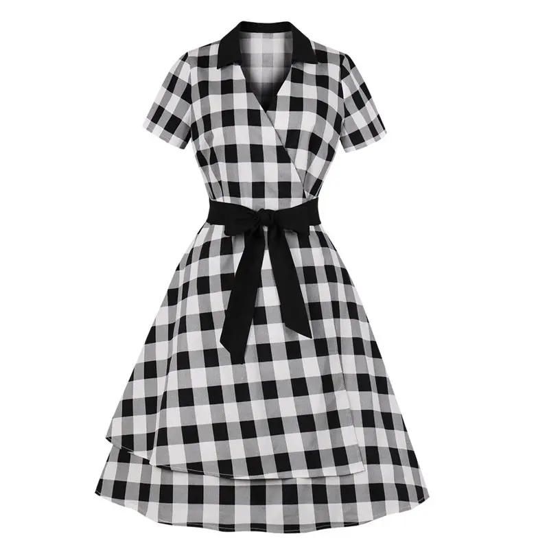 

Women Summer Plaid Dress Elegant Office Wear Casual Korean Fashion Vintage A Line Lace Up Slim Girl Gothic Street Retro Dresses