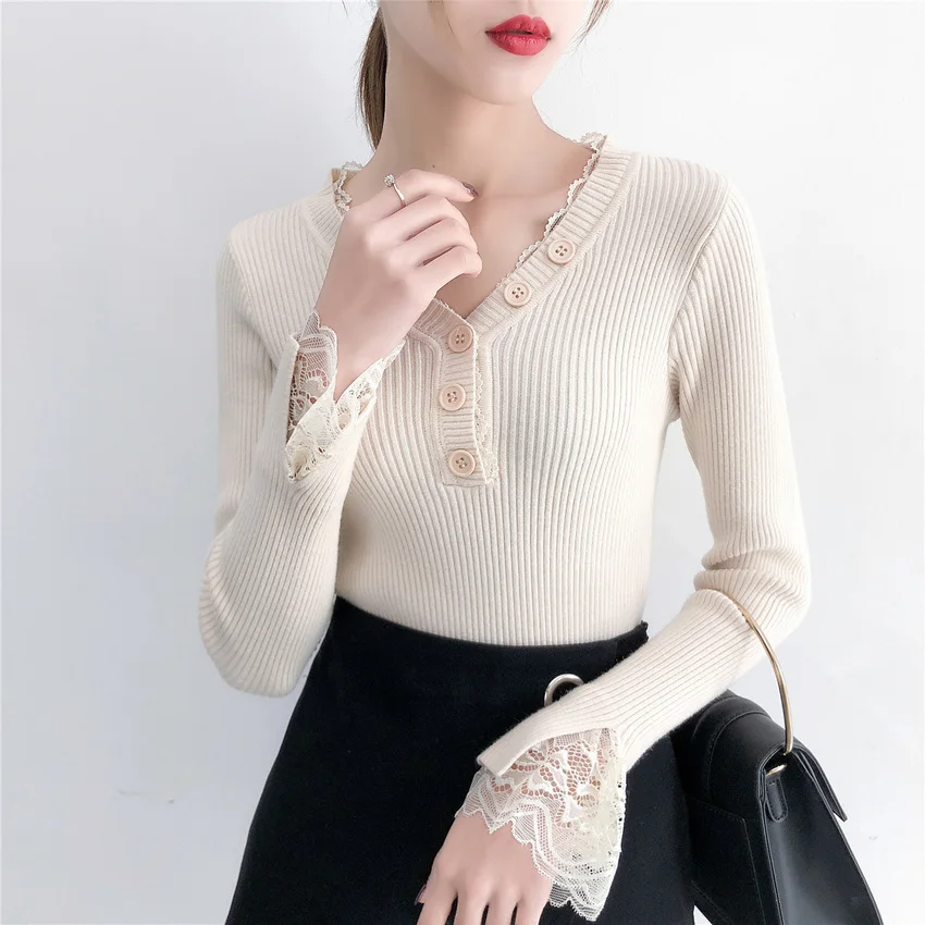 

V-neck Sweater Women Spring Autumn Slim Knitted Pullover Sweater Female Long Sleeve Lacce Patchwork Sweater Jumper Tops