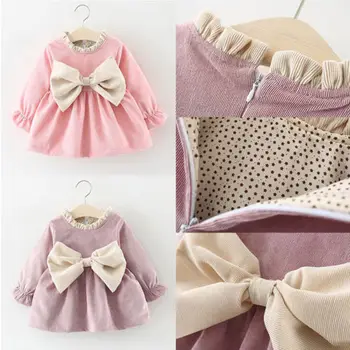 

US STOCK Newborn Kids Baby Girl Cotton Winter Long Sleeve Warm Clothes Bowknot Princess Party Mini Dress