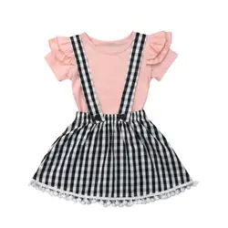 Платье для маленьких девочек хлопковая рубашка Топы + кисточка плед Юбка в полоску клетчатая одежда