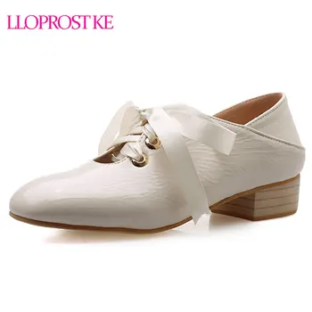 

Lloprost ke spring autumn new women pumps fashion lace up low thick heel shoes patent leather solid color lady casual shoes D997