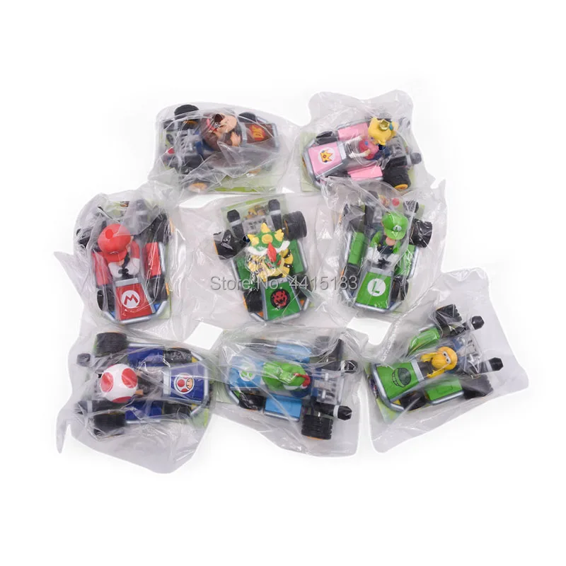 8 set/lot Anime Super Mario Bros Kart Pull Back Car Toad Luigi Yoshi PVC Action Figure Doll Collectible Model Baby Toy For Kids 