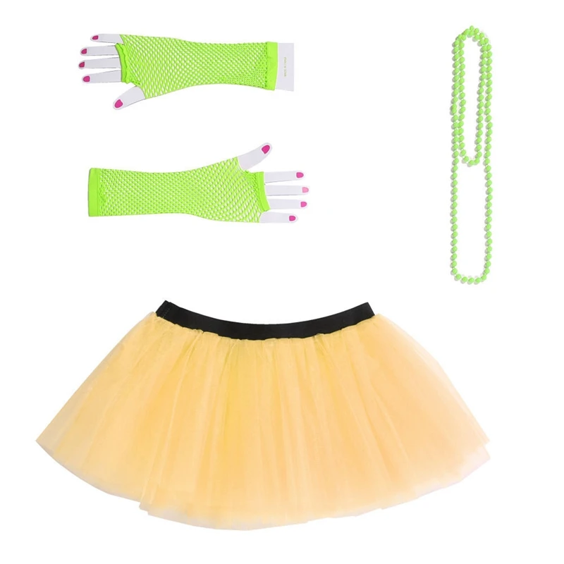 

New 2018 Women Neon UV Tutu Skirt Fishnet Gloves Beads Hen Fancy mesh Ball Gown Costumes Mini Skirts