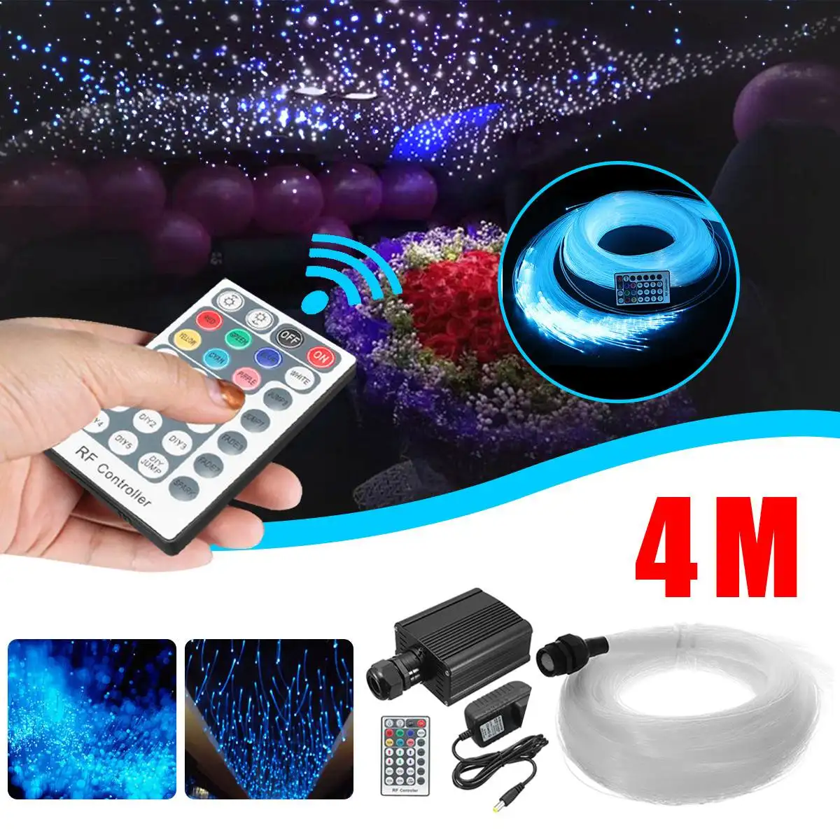

28 Key Wireless RF LED Fiber Optic Twinkle 16W RGBW Engine 4mx0.75mmx250Pc+15x1mm+Crystal Optical Fiber Starry Sky Ceiling Light