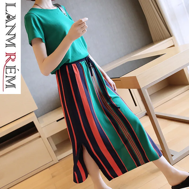 

LANMREM 2019 Summer New Suit-dress Fashion Korean Short Sleeve T-shirt + Stripe Knit Skirt For Women Two Pieces Dress Set YH464