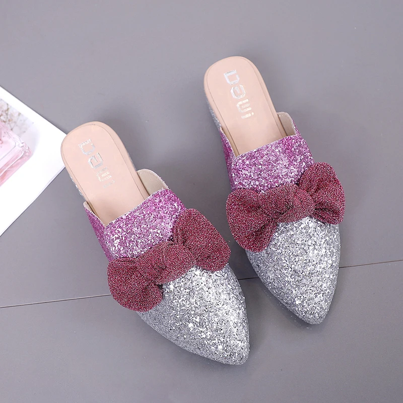 

Spring Bowknot Mules Shoes Women Shoes Female Shoes Woman Luxury Slippers Silver Pink Outdoor Slippers chaussons femme