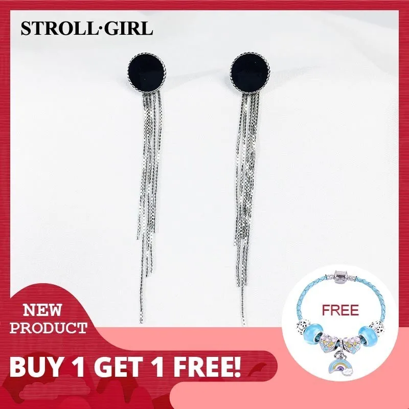 

StrollGirl Hot Sale 925 Sterling Silver Black Stone Round Long Tassel Earrings Stud For Women 2019 Fashion Wedding Jewelry