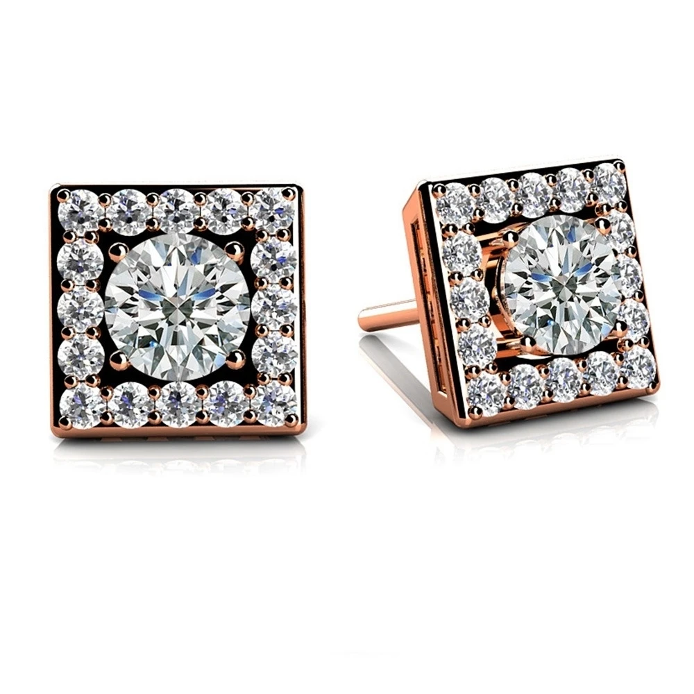 Round Cut Natural Diamond Square Halo Stud Earrings In 18k Rose Gold (0