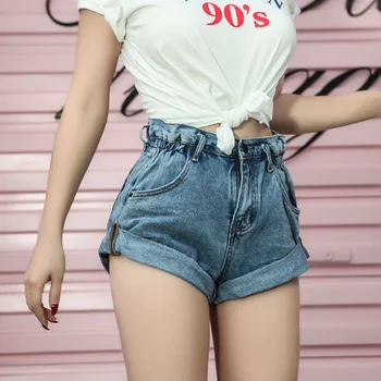 High Cinched Waist Paperbag Denim Shorts Summer Rolled Hem Jean Shorts Women Casual Loose Shorts Hotpants boys solid tee with rolled hem jeans