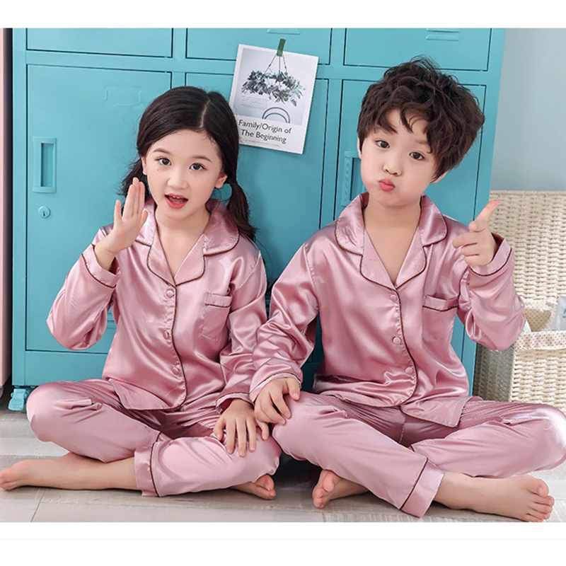 Boys Silk Pajamas Pyjamas Satin Kids Children Sleepwear Nightgown Loungewear Set