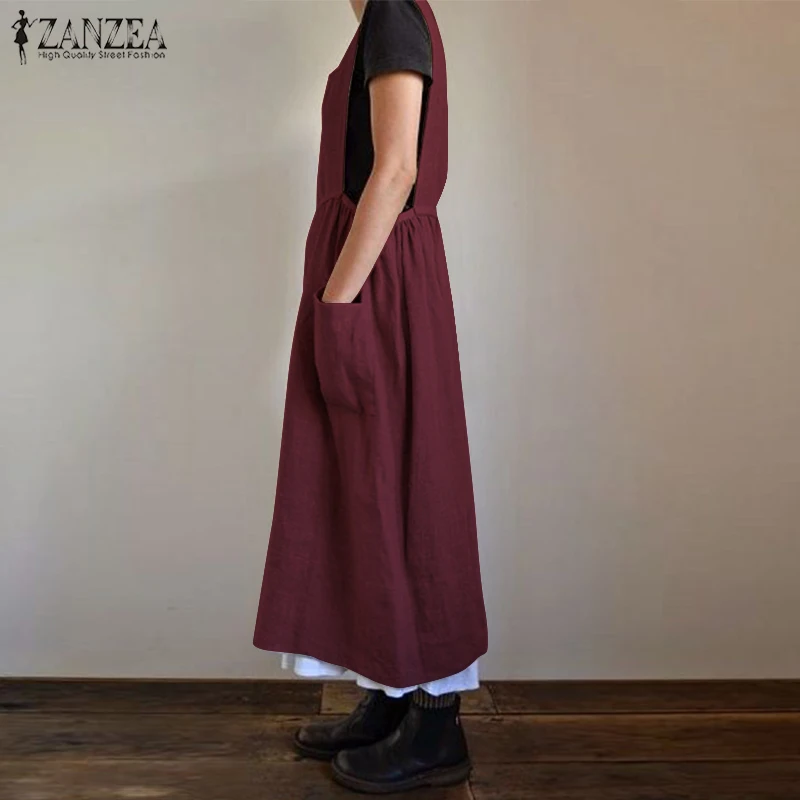 Размера плюс ZANZEA летнее женское платье без рукавов из хлопка и льна Плиссированное Длинное Макси платье-комбинезон Сарафан женский кафтан