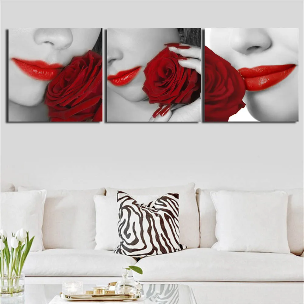 

3 Pcs/Set Sexy Beauty and Red Rose Flower Wall Decor Canvas Painting Red Lips Figure Wall Pictures for Bedroom with Inner Frame