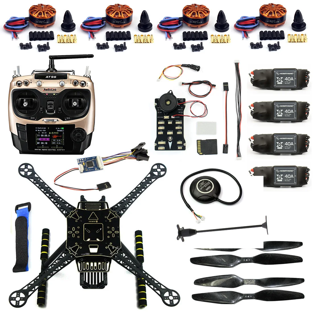 

DIY FPV Drone S600 4-Axle Frame Kit Pix 2.4.8 Flight Control AT9S Transimitter GPS7M 40A ESC with 700KV Motor XT60 Plug F19457-B