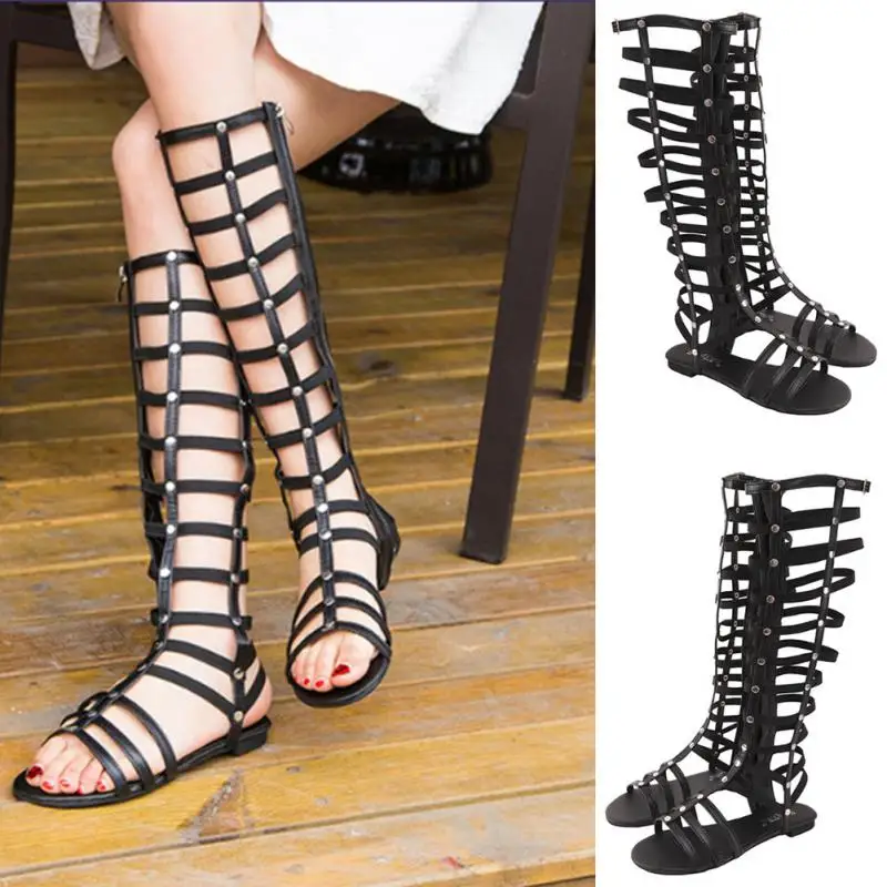 

Women Shoes Gladiator Sandals Strappy Flat Knee High Long Zip Up Boots Rivet Hollowed-out Sandals Shoes for Fashion Ladies #1115