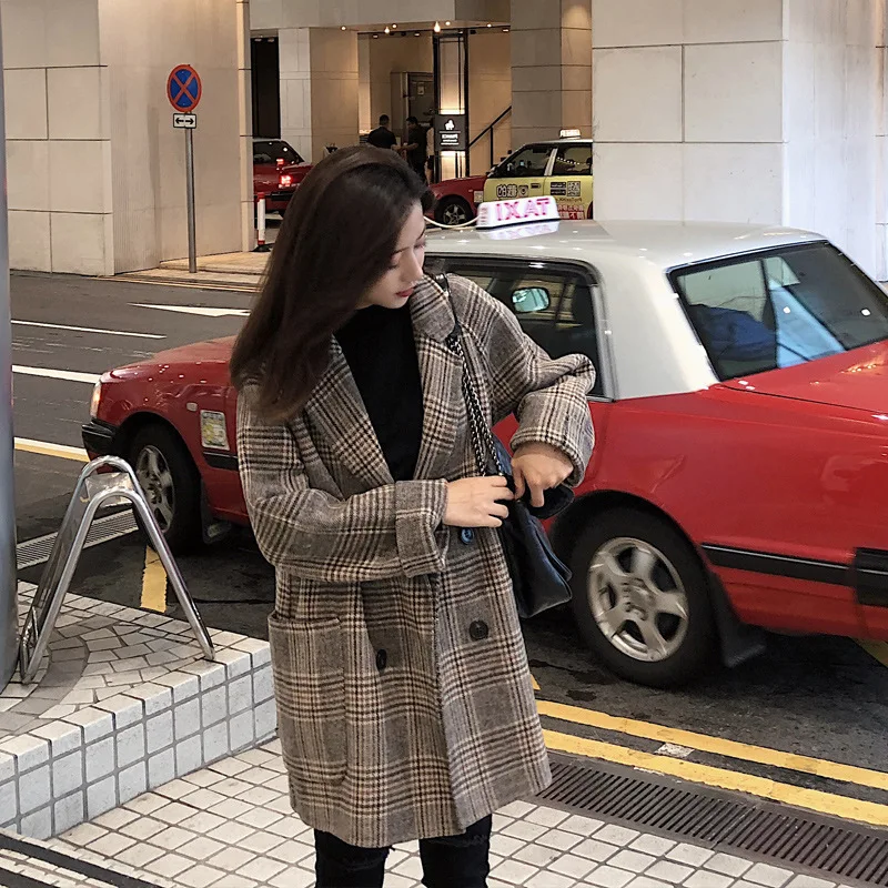 Poches Marque Sexy De Lady Longues Travailler Manteaux Slim Mode Revers Plaid Manches Hiver Femmes Automne Laine Bureau 2018 Mélanges xwFqXgF