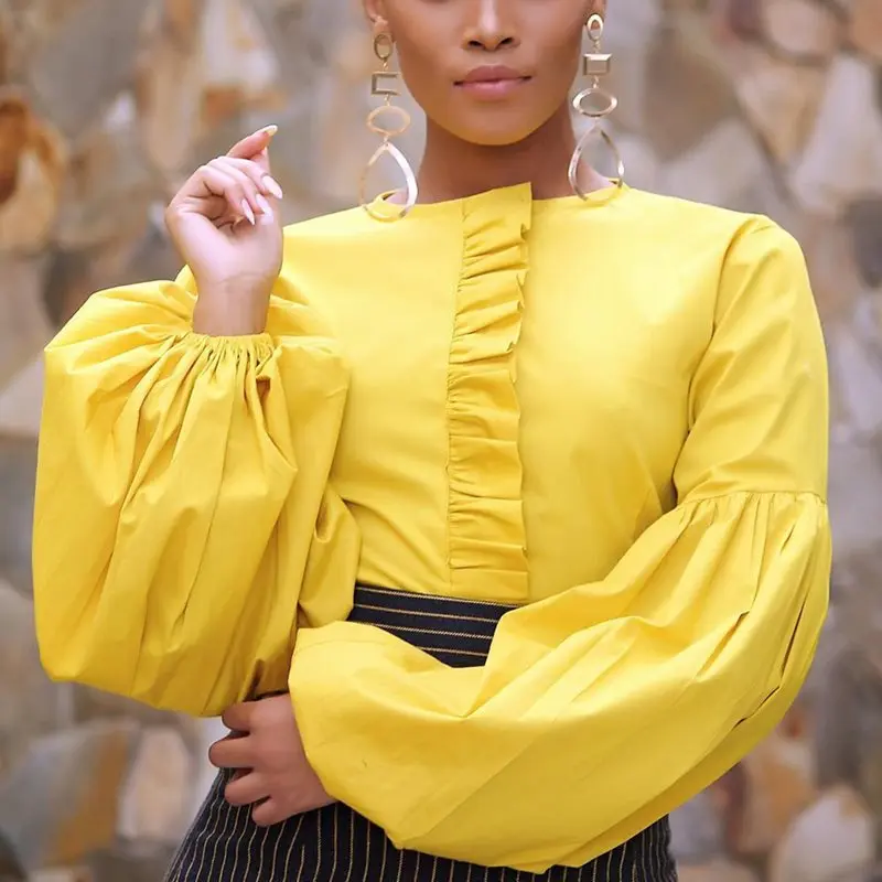 

Falbala Plain Lantern Sleeve Standard Long Sleeve Blouse Round Neck Elegant Bright yellow Pleated Female Tops OL Style