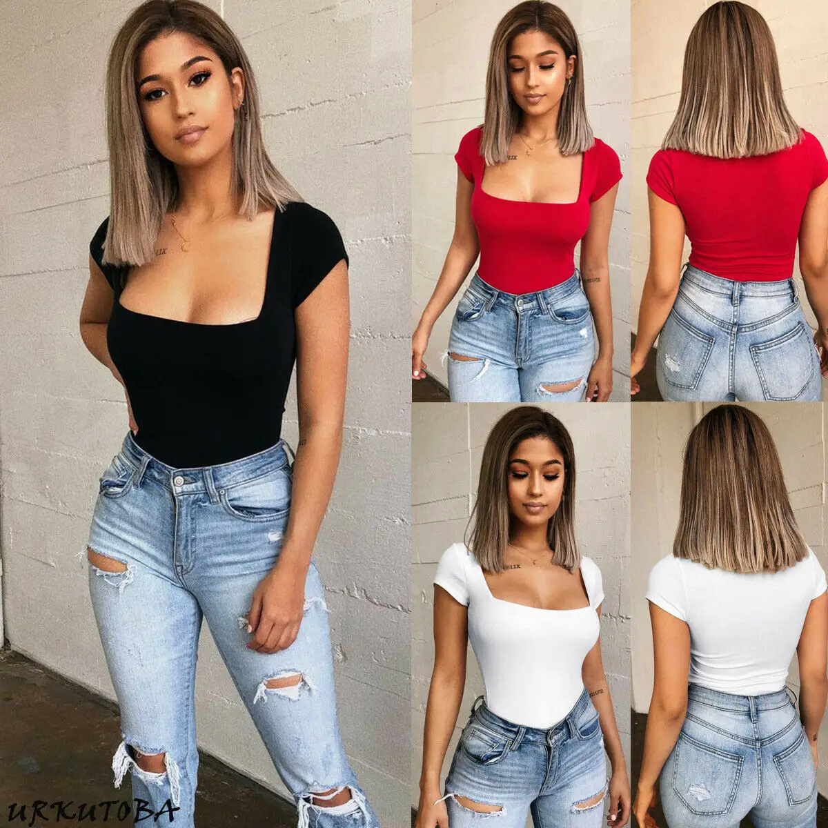 مثير المرأة ساحة الرقبة بلوزة يغرق تمتد ارتداءها يوتار قمم بذلة