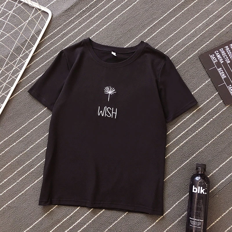 

2019 Women Tshirt Embroidery Cotton O-Neck Solid Tees Fashion Casual Tops Short Sleeve Summer T-shirt Black White