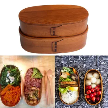 

Natural Double Layer Wood Lunch Containers Japanese Bento Sushi Lunch Box Sushi Portable Food Container with Straps Storage