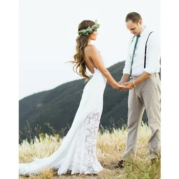 

2019 Backless Wedding Dress 2019 Appliques Lace Spaghetti Straps A-Line Summer Boho Wedding gown Vestido De Noiva