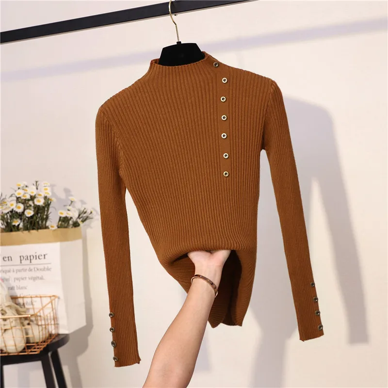 Banulin Fashion Button Turtleneck Sweater Women Autumn Winter Knitted Pullover Women Slim Soft Jumper Sweater Female Knit Tops Banulin Fashion Button Turtleneck Sweater Women Autumn Winter Knitted Pullover Women Slim Soft Jumper Sweater Female Knit Tops